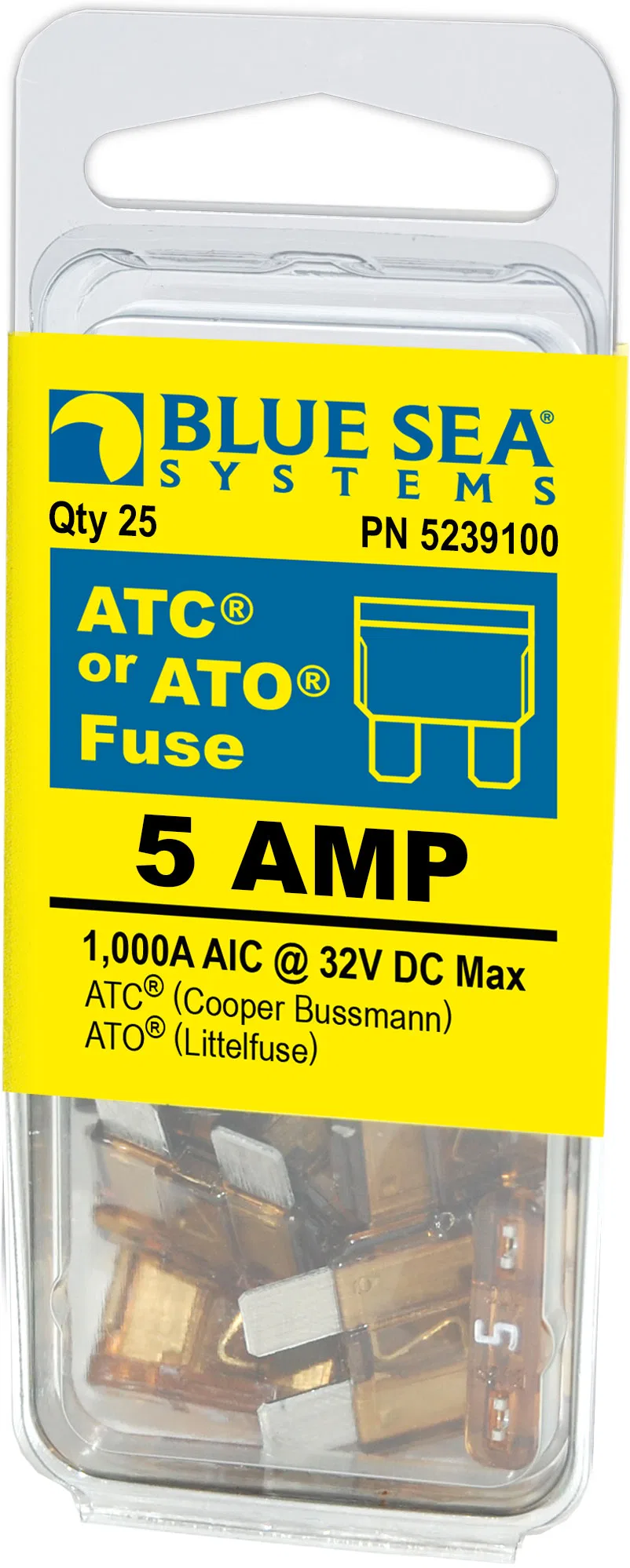 5239100-BSS – BLUE SEA Fuse, Blade Fuse ATO/ ATC 5 Amps/ 32 Volts DC Pack Of 25